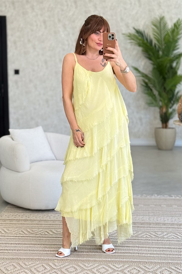 Asimetrik Kesim Kat Kat İpek Elbise Sarı Renk
