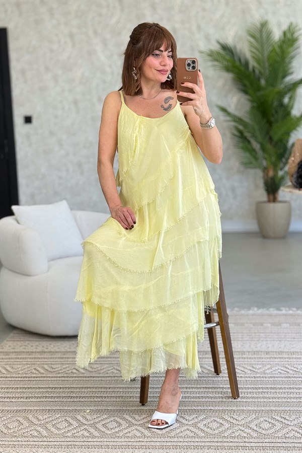 Asimetrik Kesim Kat Kat İpek Elbise Sarı Renk
