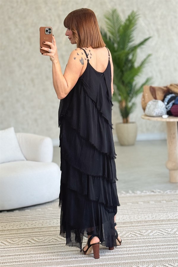 Asimetrik Kesim Kat Kat İpek Elbise Siyah Renk