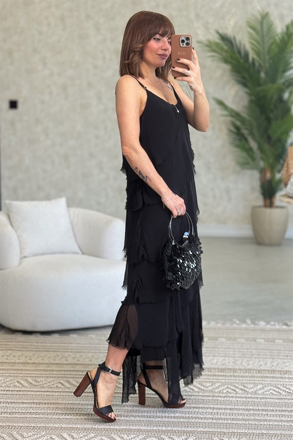 Asimetrik Kesim Kat Kat İpek Elbise Siyah Renk