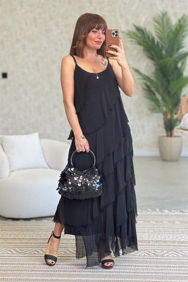 Asimetrik Kesim Kat Kat İpek Elbise Siyah Renk