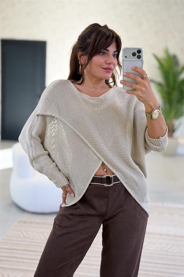 Asimetrik Kesim Merserize Triko Bej Renk