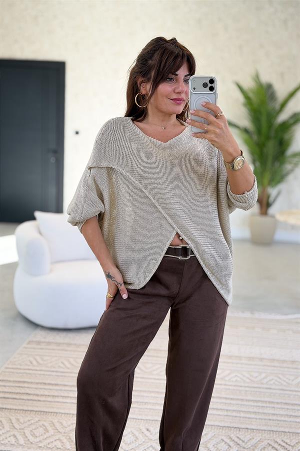 Asimetrik Kesim Merserize Triko Bej Renk