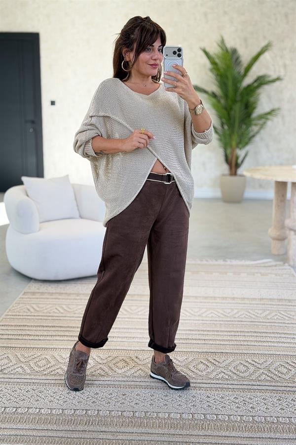 Asimetrik Kesim Merserize Triko Bej Renk