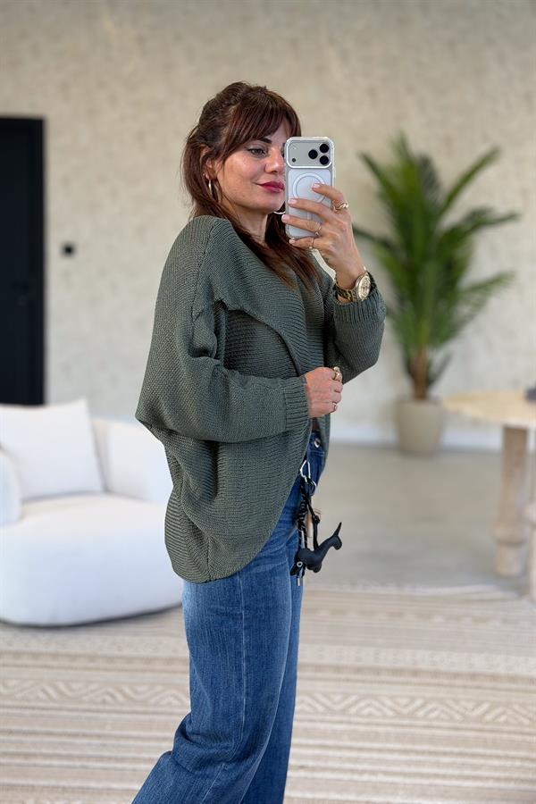 Asimetrik Kesim Merserize Triko Haki Renk