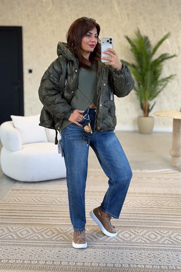 Asimetrik Kesim Merserize Triko Haki Renk