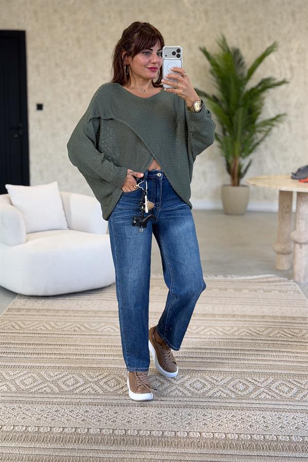 Asimetrik Kesim Merserize Triko Haki Renk