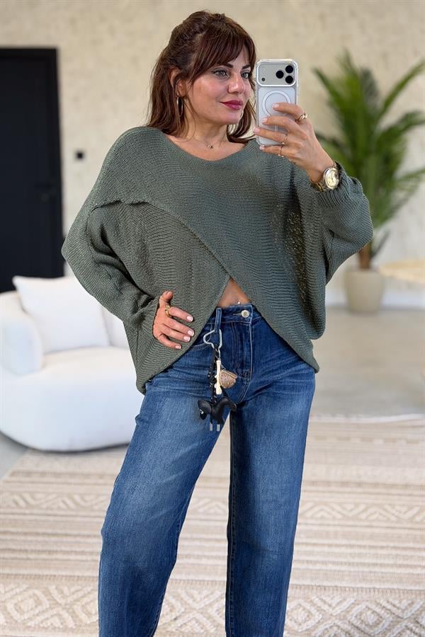 Asimetrik Kesim Merserize Triko Haki Renk