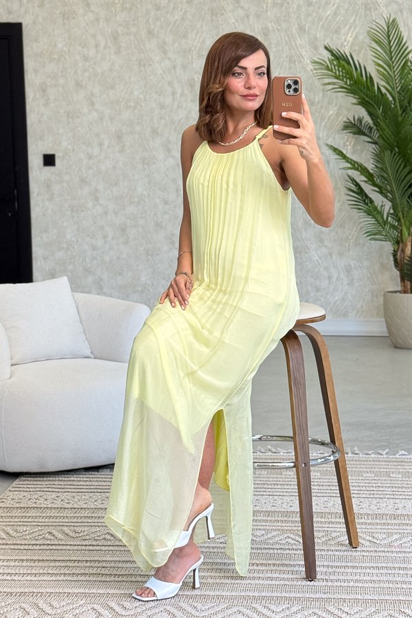 Askılı İpek Elbise Sarı Renk