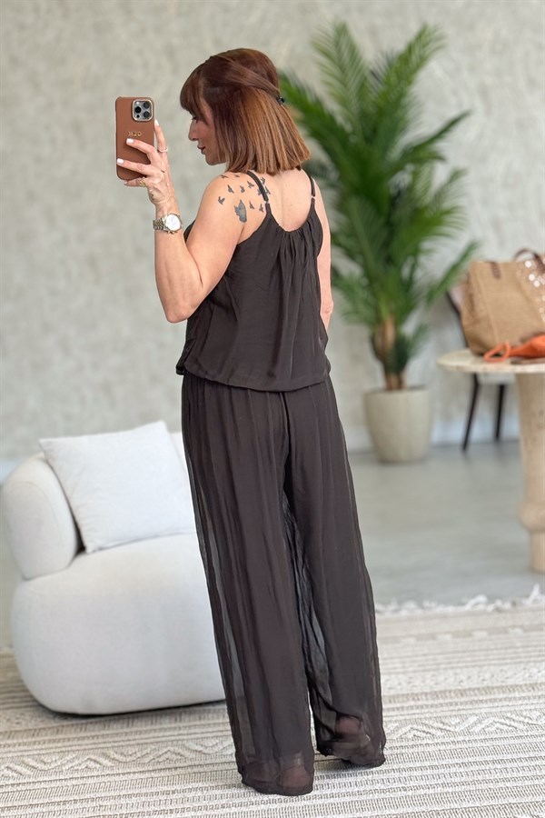 Askılı İpek Tulum Acı Kahve Renk