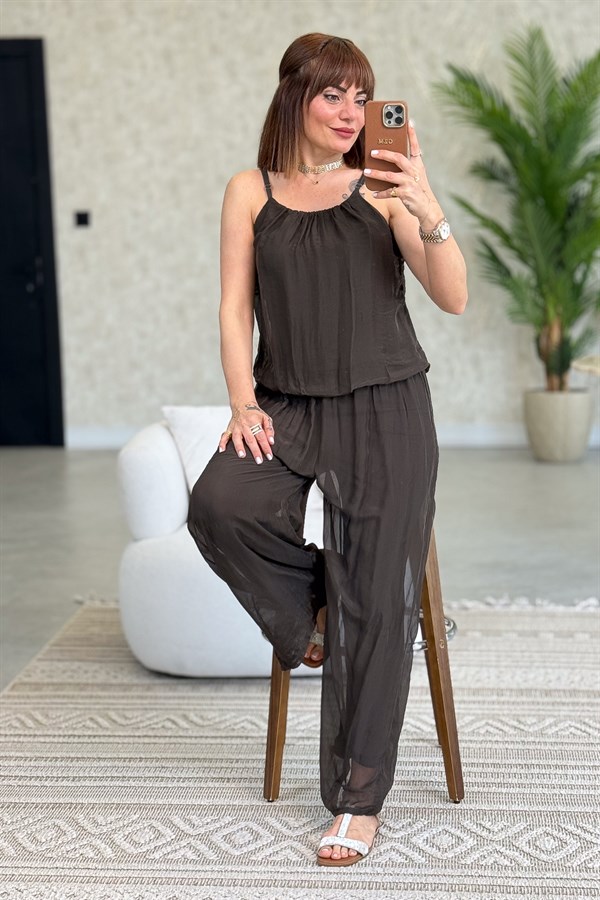 Askılı İpek Tulum Acı Kahve Renk