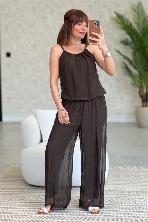 Askılı İpek Tulum Acı Kahve Renk