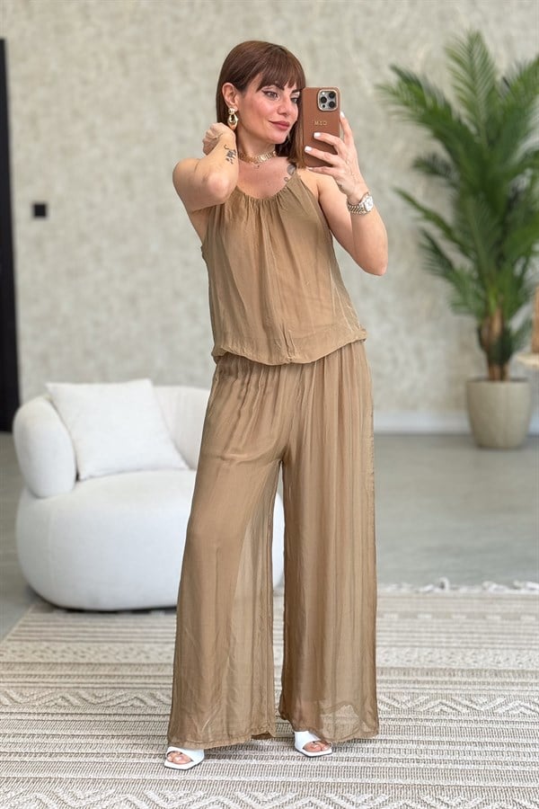 Askılı İpek Tulum Camel Renk