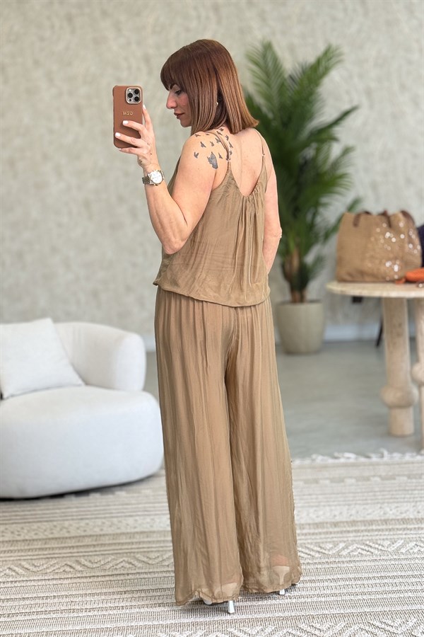 Askılı İpek Tulum Camel Renk