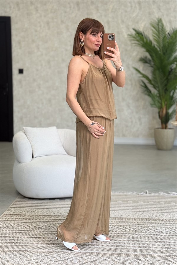 Askılı İpek Tulum Camel Renk