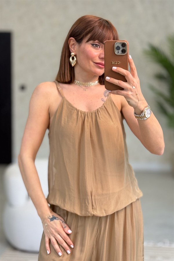 Askılı İpek Tulum Camel Renk