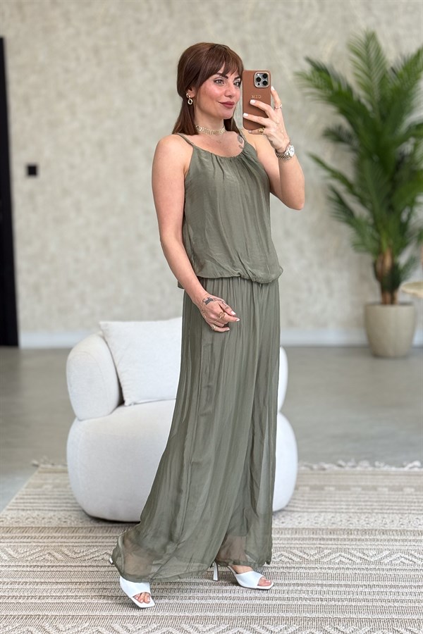 Askılı İpek Tulum Haki Renk