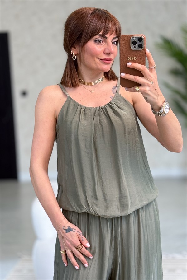 Askılı İpek Tulum Haki Renk