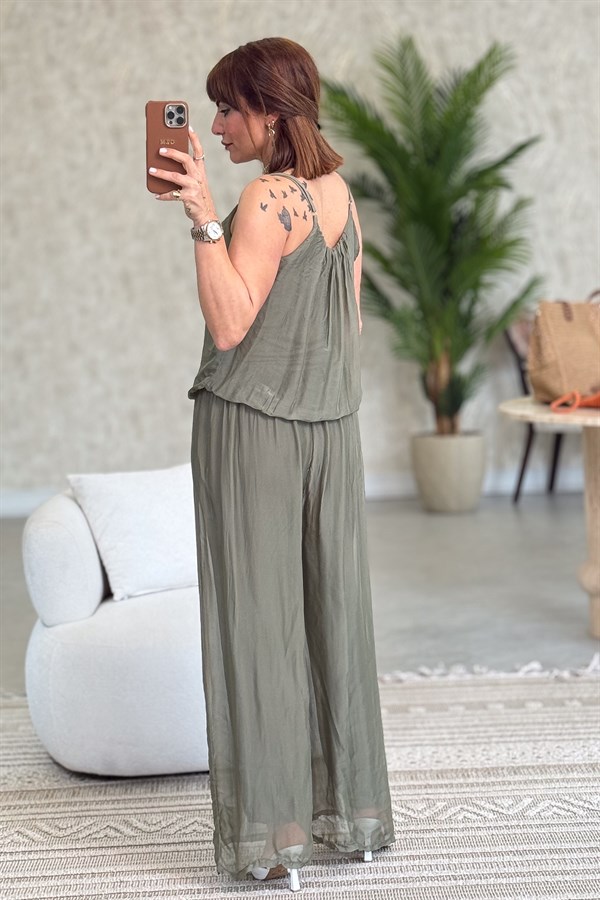 Askılı İpek Tulum Haki Renk