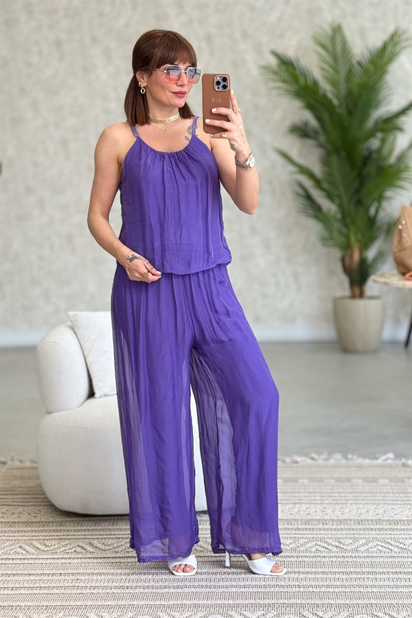 Askılı İpek Tulum Mor Renk