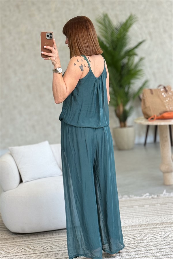 Askılı İpek Tulum Nefti Yeşil Renk