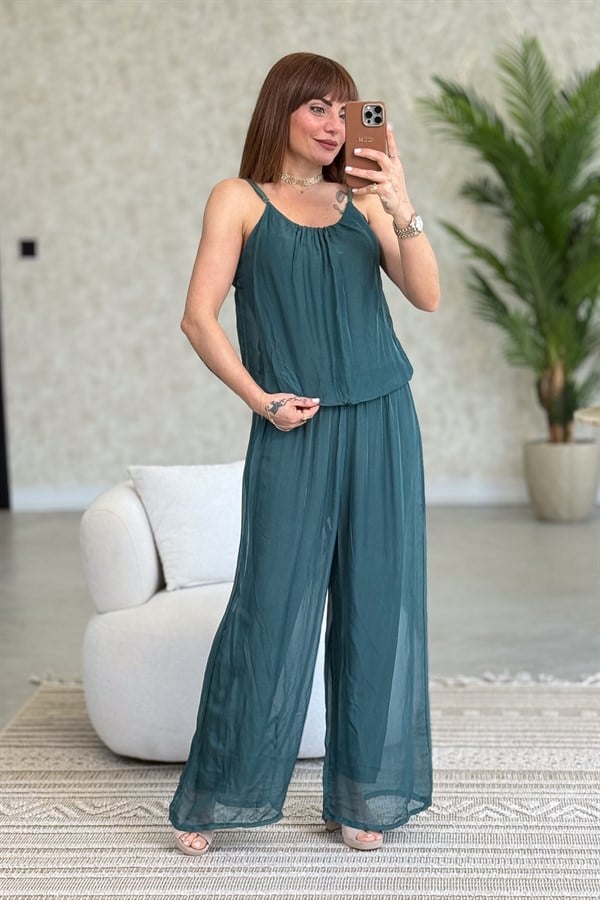 Askılı İpek Tulum Nefti Yeşil Renk