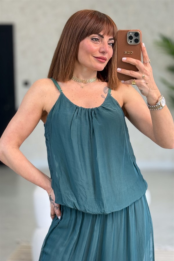 Askılı İpek Tulum Nefti Yeşil Renk