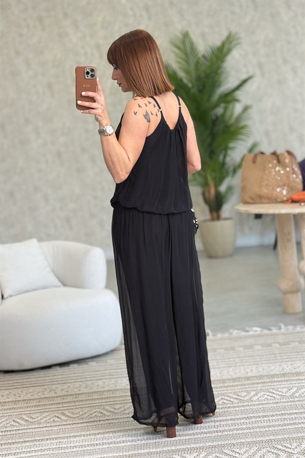 Askılı İpek Tulum Siyah Renk