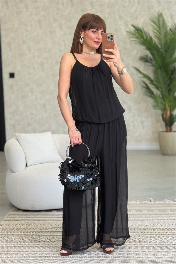 Askılı İpek Tulum Siyah Renk