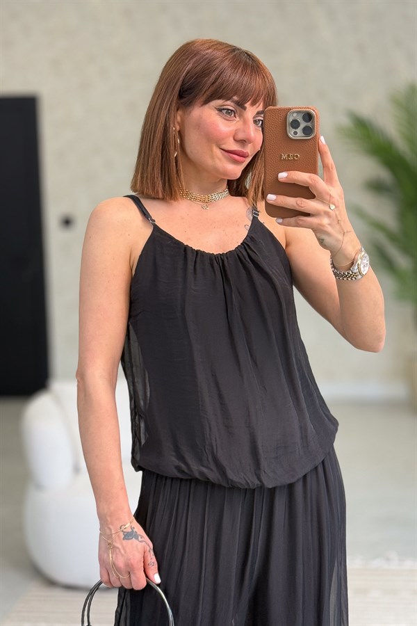 Askılı İpek Tulum Siyah Renk