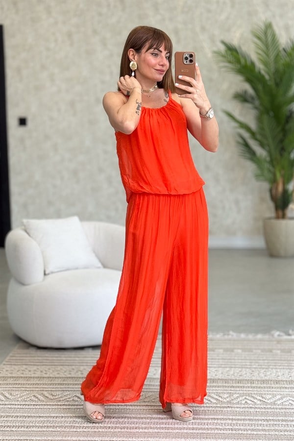 Askılı İpek Tulum Turuncu Renk