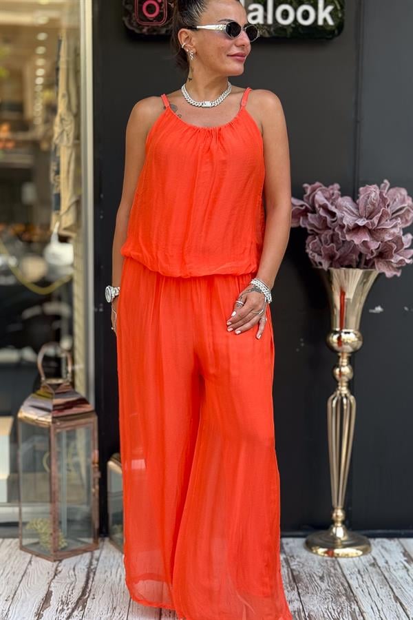 Askılı İpek Tulum Turuncu Renk