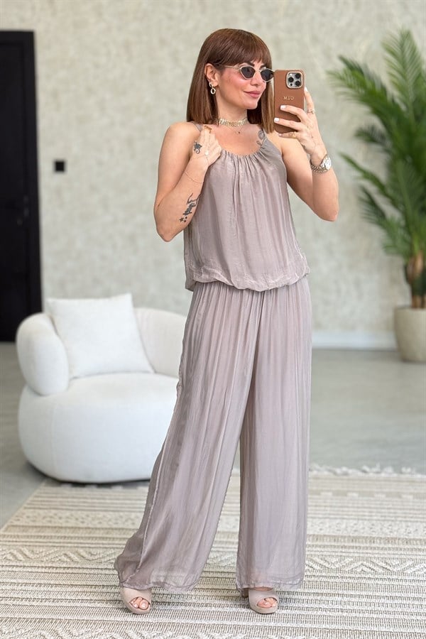 Askılı İpek Tulum Vizon Renk