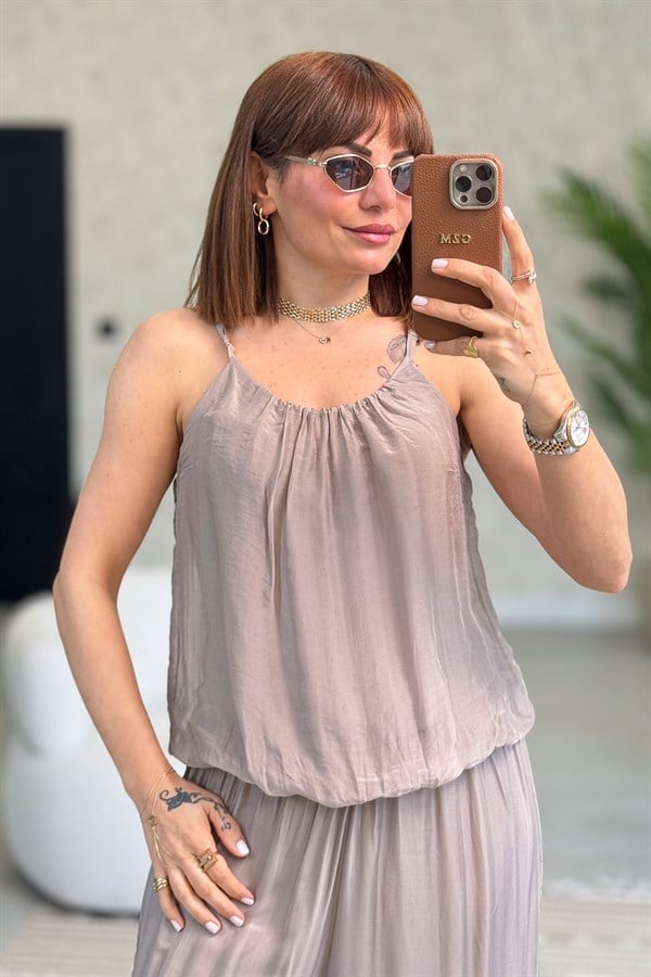 Askılı İpek Tulum Vizon Renk