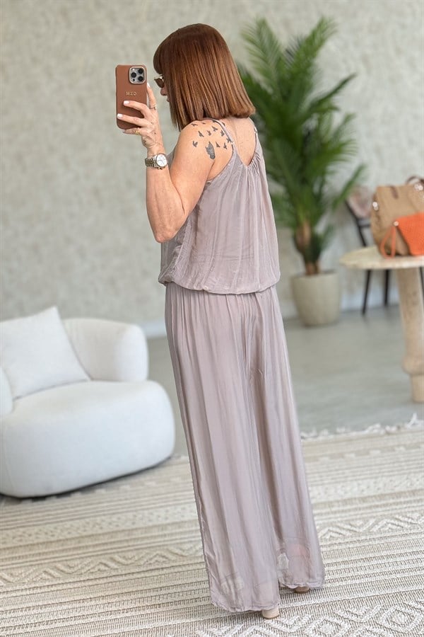 Askılı İpek Tulum Vizon Renk