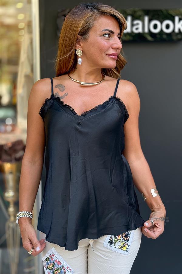 Askılı Saçaklı Saten Badi Siyah Renk