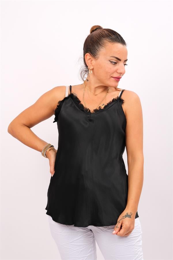 Askılı Saçaklı Saten Badi Siyah Renk