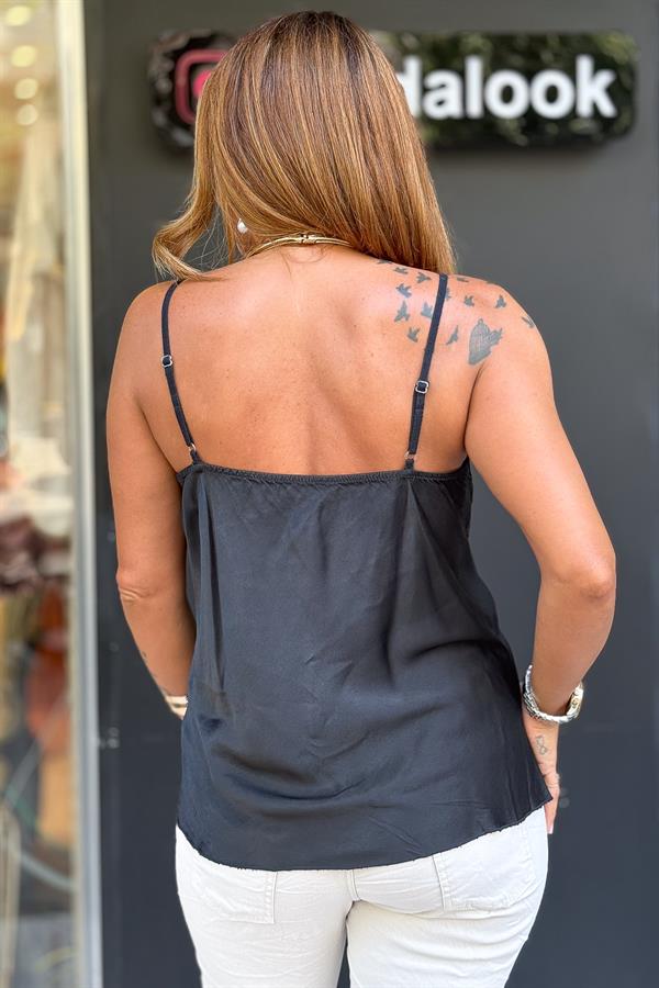 Askılı Saçaklı Saten Badi Siyah Renk