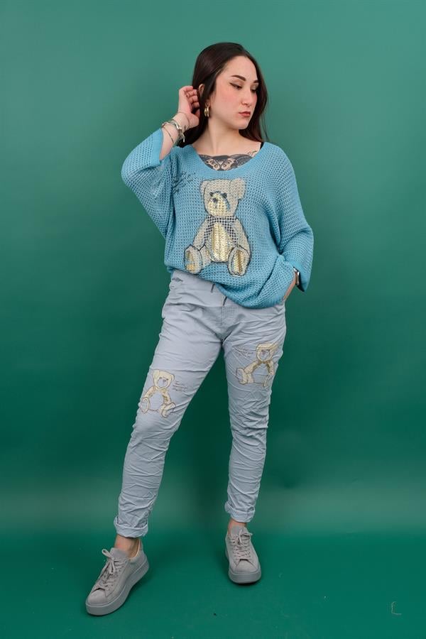 Ayıcık Desenli Likralı Pantolon Gri Renk