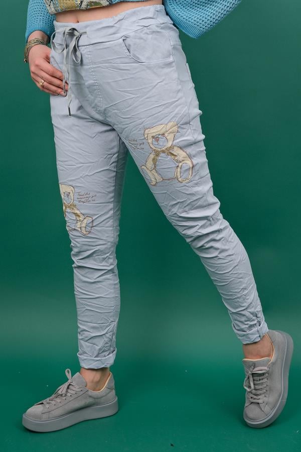 Ayıcık Desenli Likralı Pantolon Gri Renk