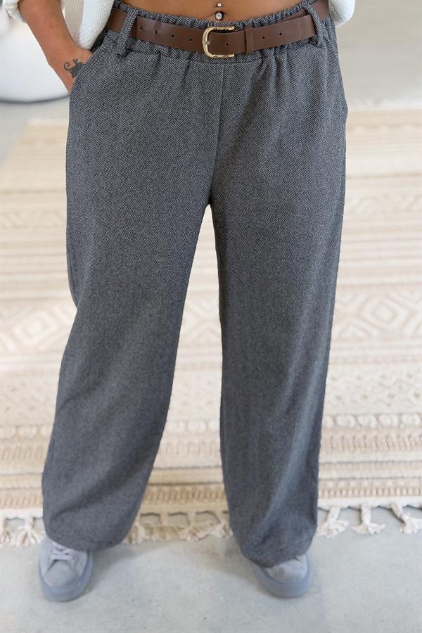 Balık Sırtı Desenli Kemerli Pantolon Füme Renk