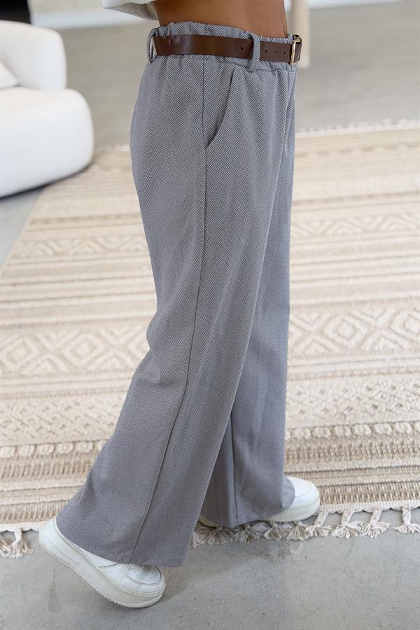 Balık Sırtı Desenli Kemerli Pantolon Gri Renk