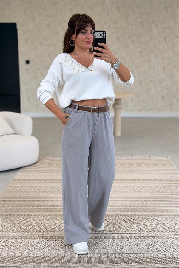 Balık Sırtı Desenli Kemerli Pantolon Gri Renk