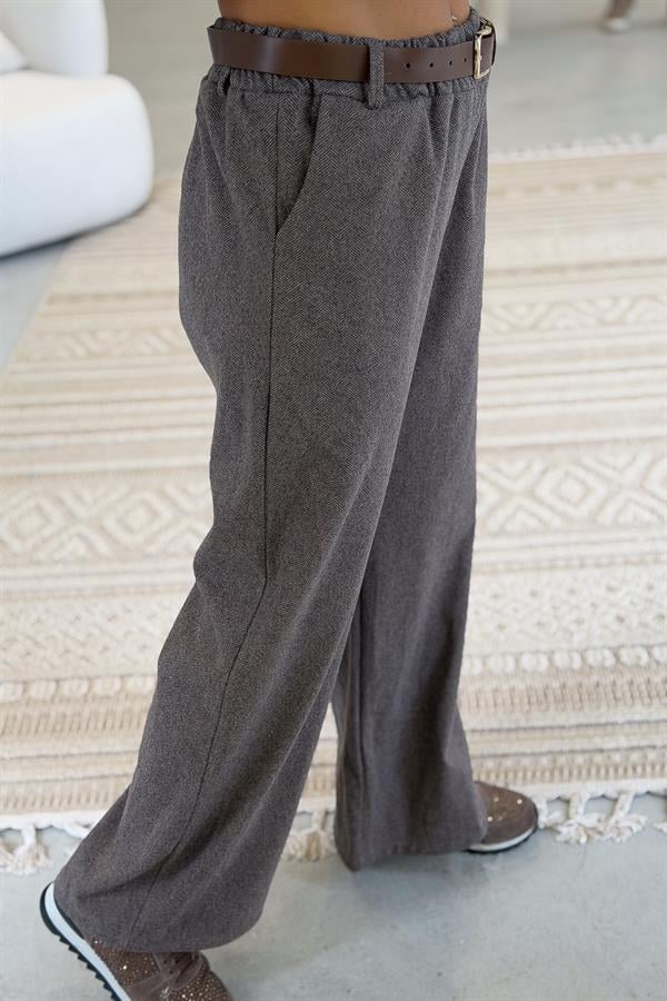 Balık Sırtı Desenli Kemerli Pantolon Vizon Renk