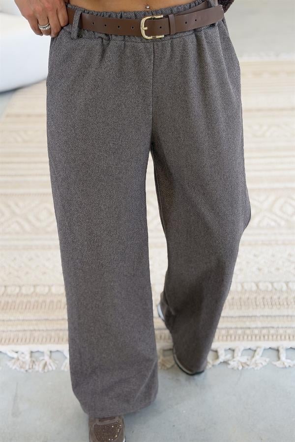 Balık Sırtı Desenli Kemerli Pantolon Vizon Renk