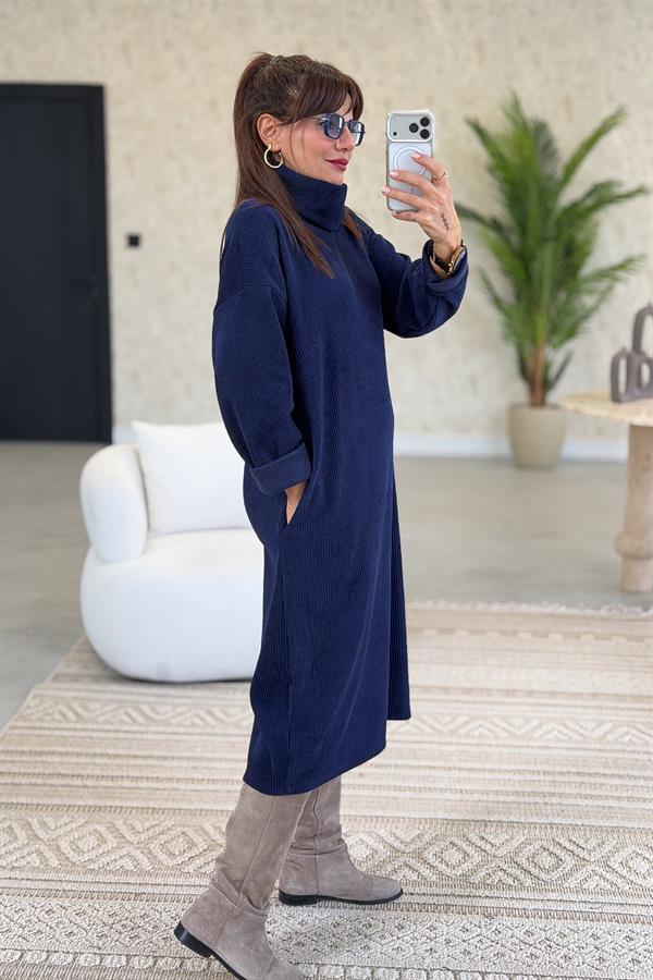 Balıkçı Yaka Midi Boy Kalın Fitilli Kadife Elbise Lacivert Renk