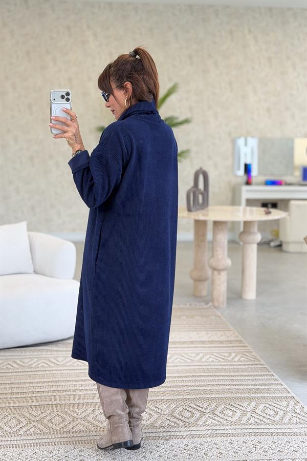 Balıkçı Yaka Midi Boy Kalın Fitilli Kadife Elbise Lacivert Renk