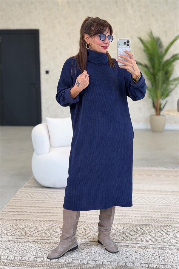 Balıkçı Yaka Midi Boy Kalın Fitilli Kadife Elbise Lacivert Renk