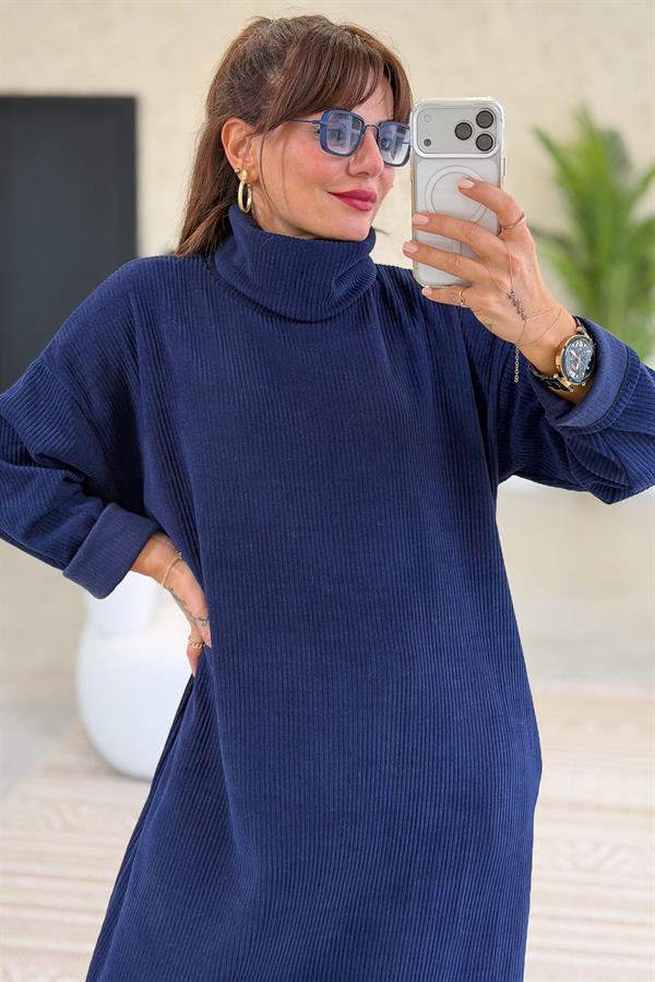 Balıkçı Yaka Midi Boy Kalın Fitilli Kadife Elbise Lacivert Renk