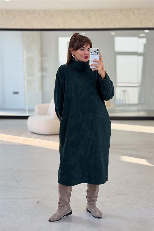Balıkçı Yaka Midi Boy Kalın Fitilli Kadife Elbise Zümrüt Yeşili Renk